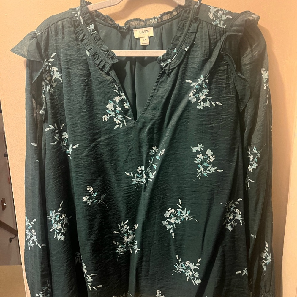 J. Crew Forest Green Floral Ruffle V-Neck Women's Top